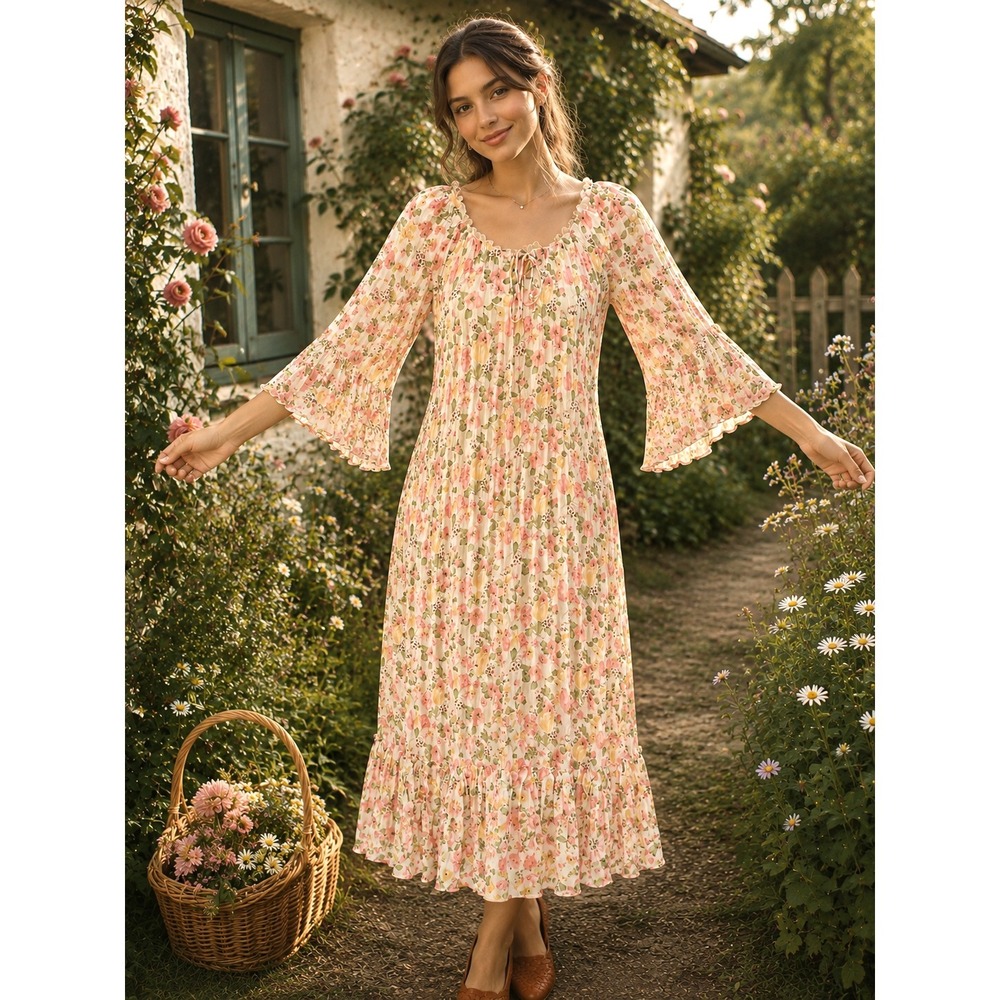 Robbie Bee Med  M Floral Bell Sleeve Crinkle Boho Dress Cottagecore Prairie NEW